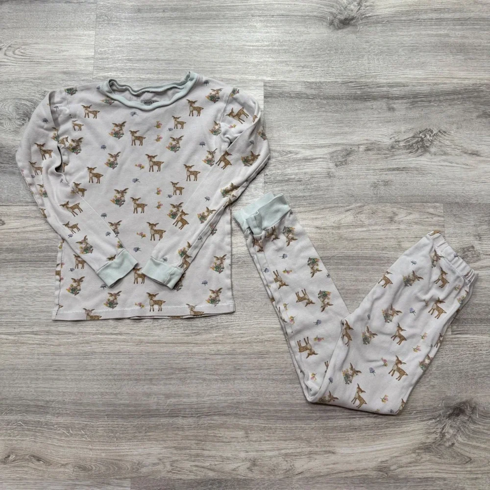 Burts‎ Bees Kids Pajamas Set Size 7 Deer Floral Organic Cotton Sleepwear 2 Piece